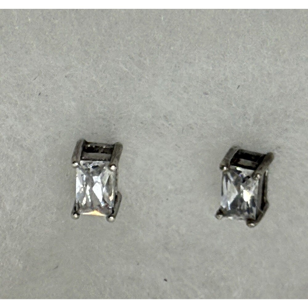 Sterling Silver CZ Stud Earrings Signed 925 SS Emerald-Cut Rectangular Shaped